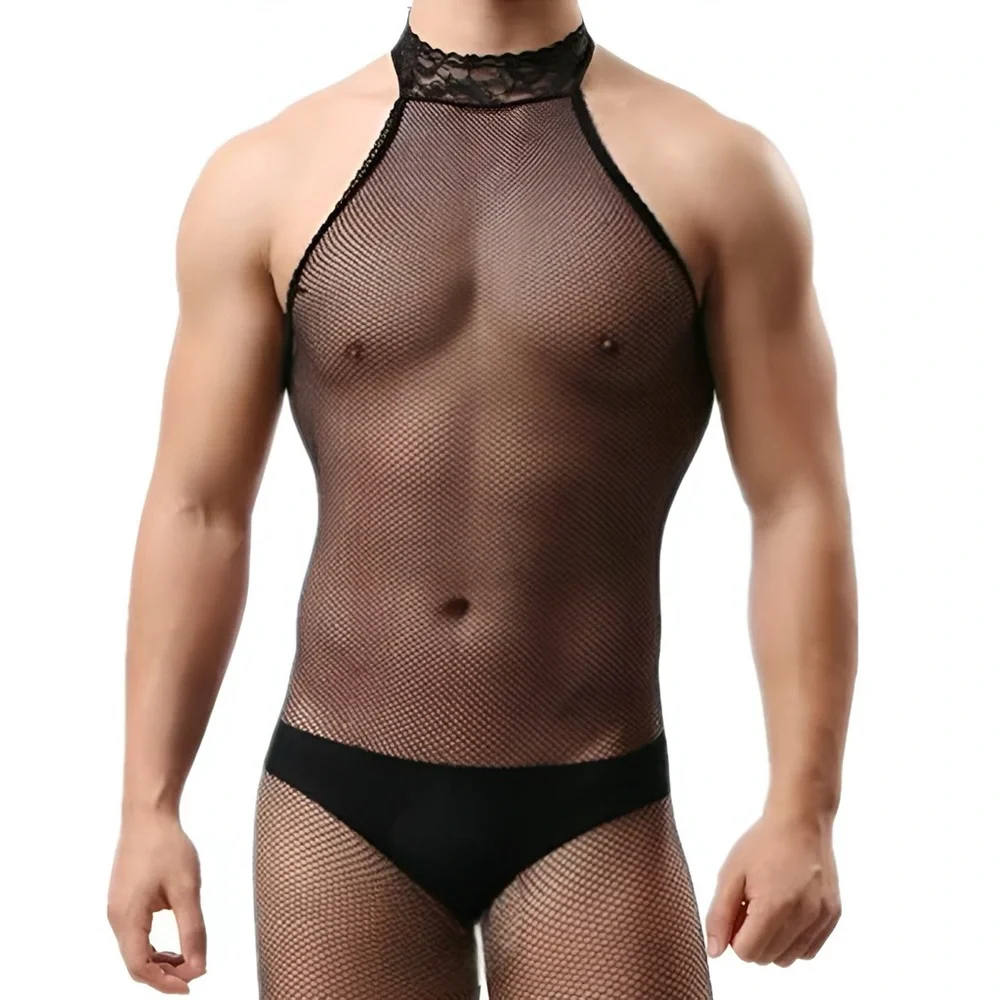 Black Mesh Men's Bodysuit